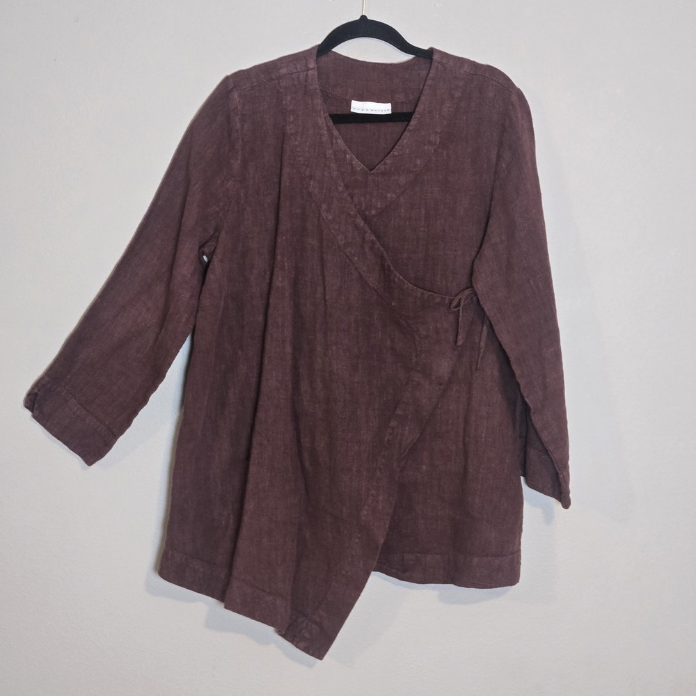Bryn Walker Wrap Top Women's Small Burgundy Linen Lagenlook Oversized Layering